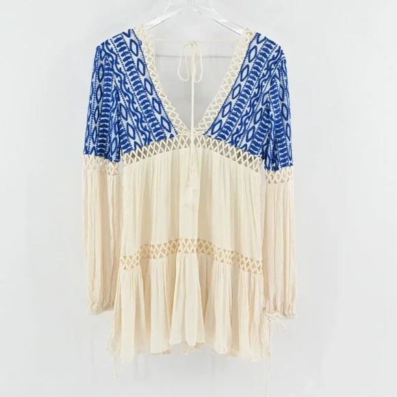 Free People Dusk Till Dawn Dress Sz 2 Blue Embroidered Bohemian Festival Tiered - Picture 3 of 15